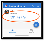 A security code for Workday in the authenticator app.