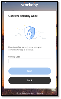 The Workday app showing a prompt to enter a security code.