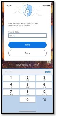 A Workday app prompt to enter a security code. The user is in the process of entering the code.
