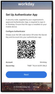 Workday app authenticator setup screen.
