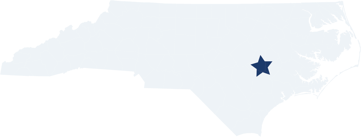 Map of North Carolina with a star indicating the location of Cliffs of the Neuse State Park