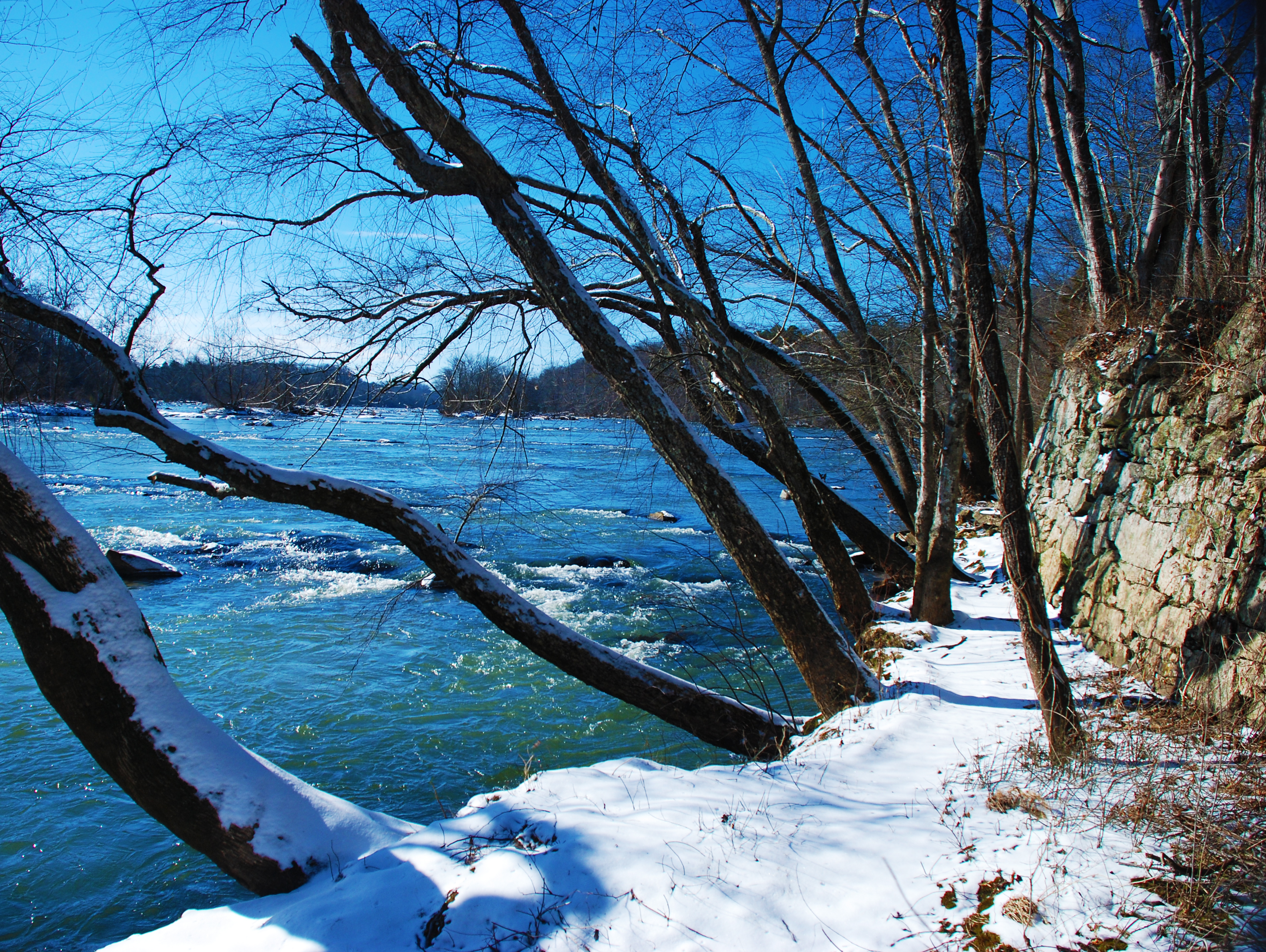 Snowy Bean Shoals canal wall at Pilot Mountain State Park