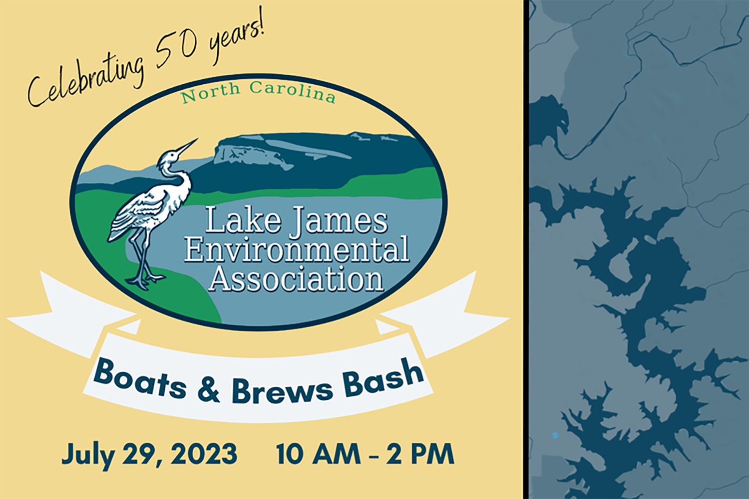 Flyer for the Lake James Environmental Association Boats and Brews Bash 50th Anniversary Celebration on July 29, 2023