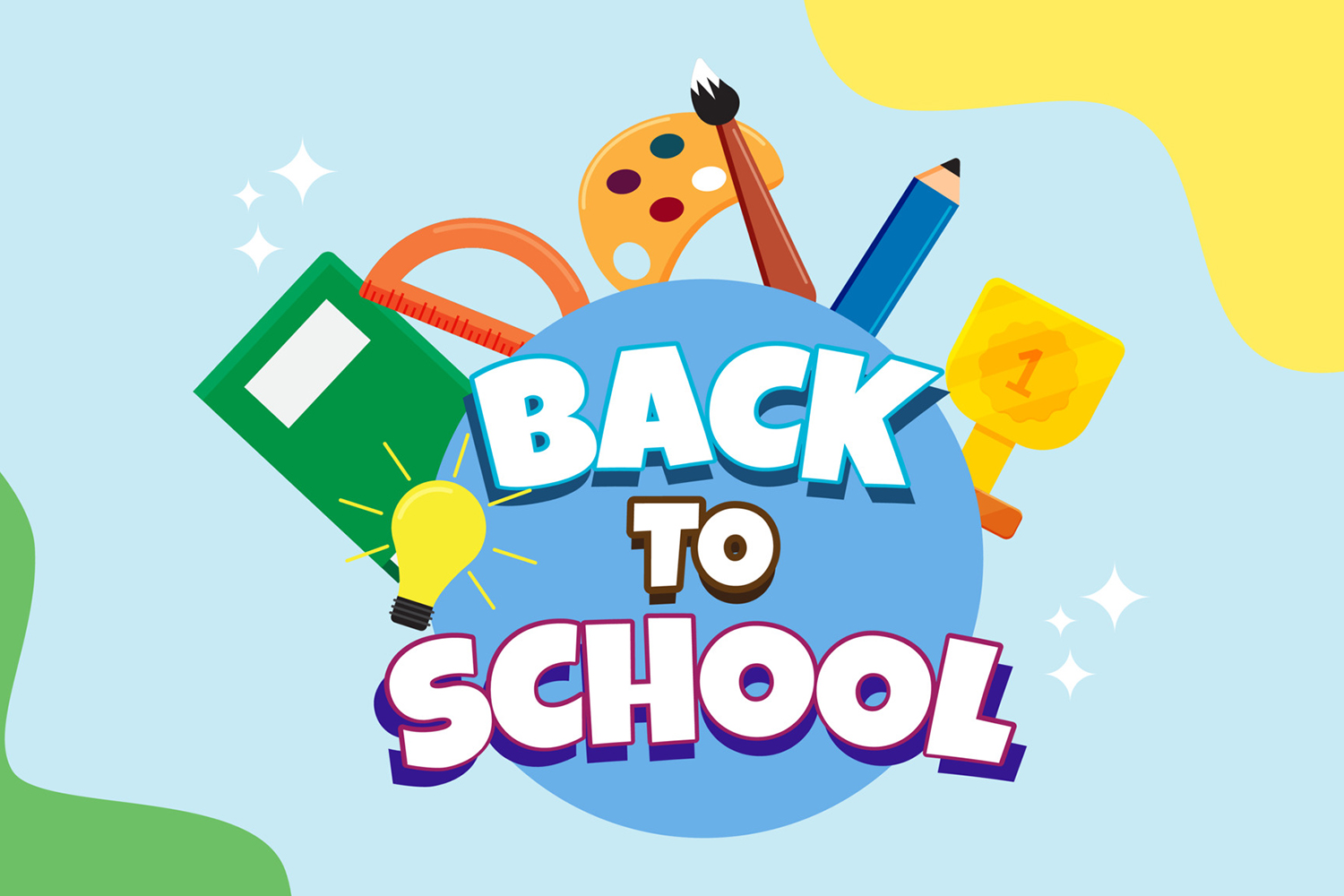 Illustration that with green, light blue and yellow background, with "Back to School" in a circle in the middle, surrounded by school supplies