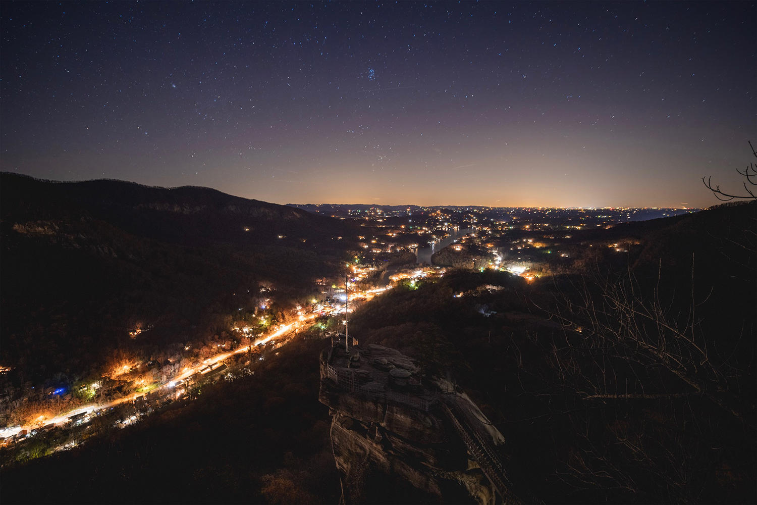 The Chimney at Chimney Rock State Park, Chimney Rock Village and Lake Lure at night
