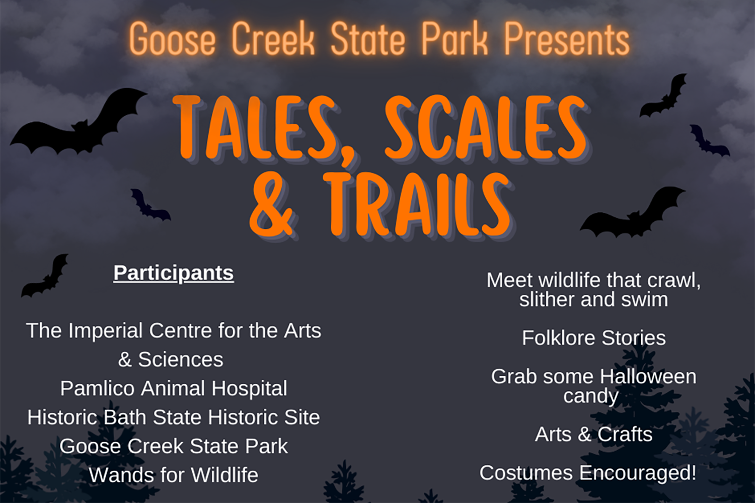 Graphic for Goose Creek State Park's Tales, Scales and Trail 2023 event