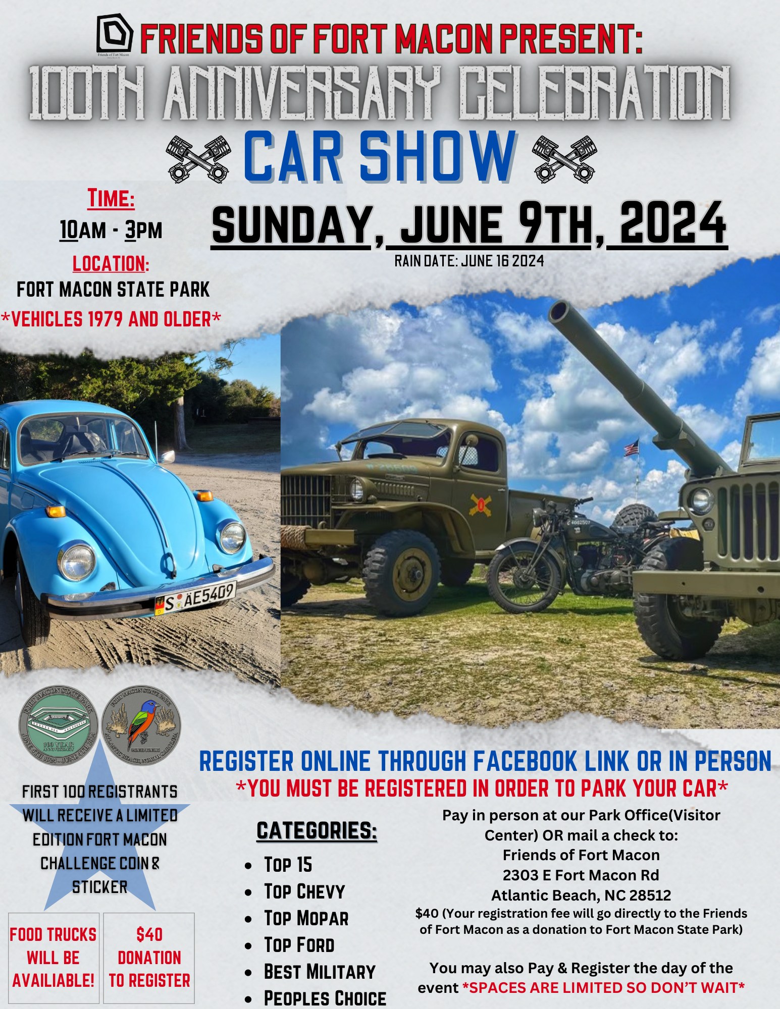 Car Show flyer with VW Bettle, WWII army jeep, motorcycle, and truck