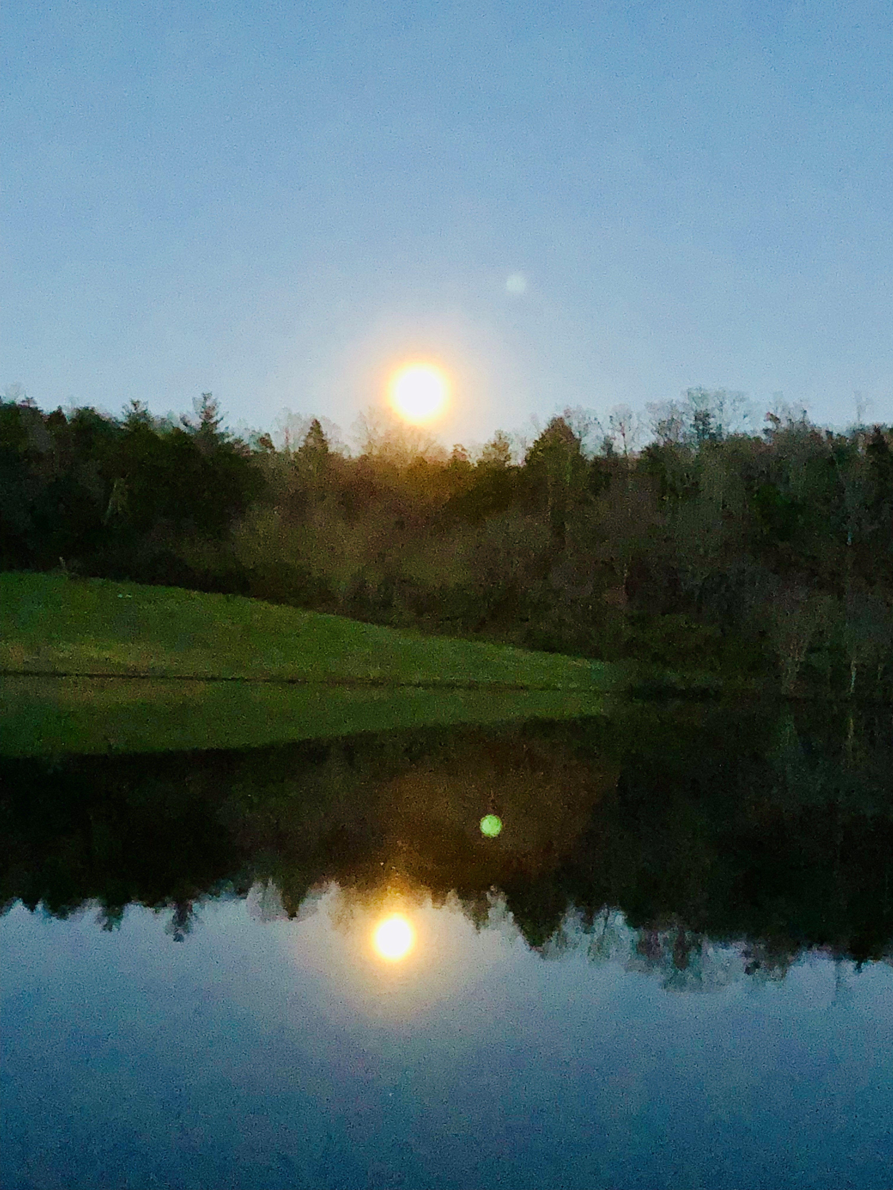 Moon rising above treeline, lake reflection