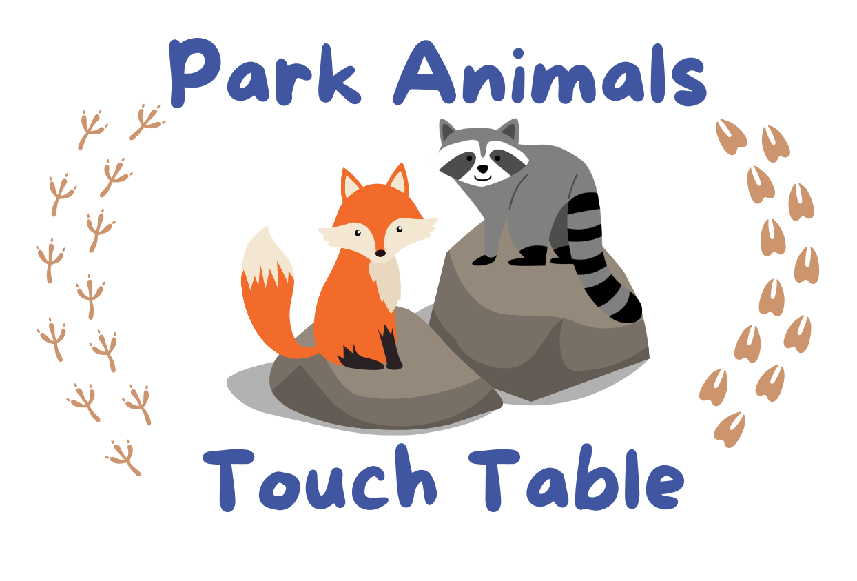 Cartoon images of raccoon & fox, surrounded by paw prints.