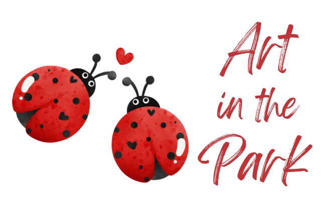 Two cartoon ladybugs with their heads together beside the words, "Art in the Park" in fancy script. 