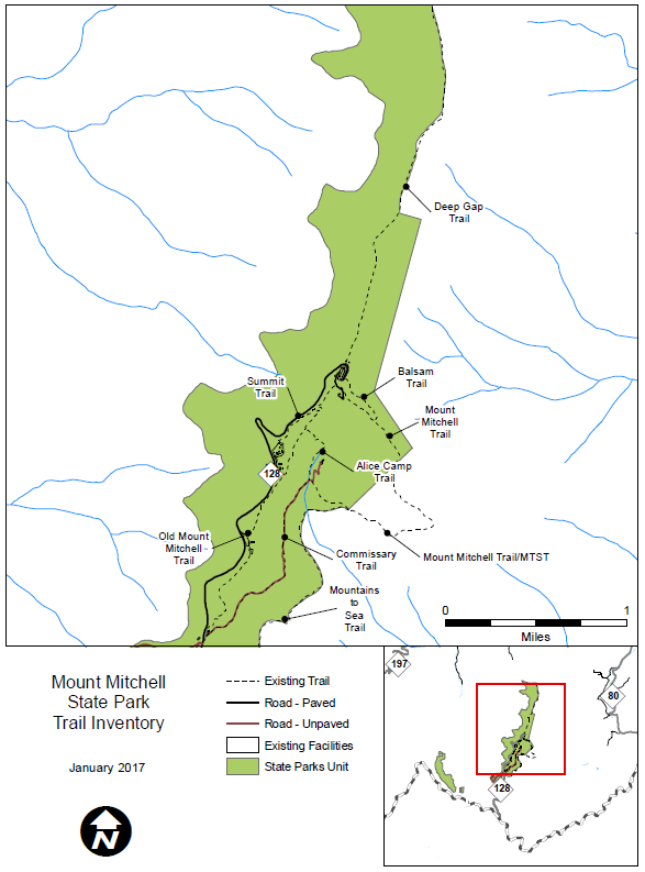 Trail Inventory Map for Mount Mitchell State Park detailing trail routes including Mount Mitchell Trail, Deep Gap Trail, Summit Trail, and connecting paths within the park boundary