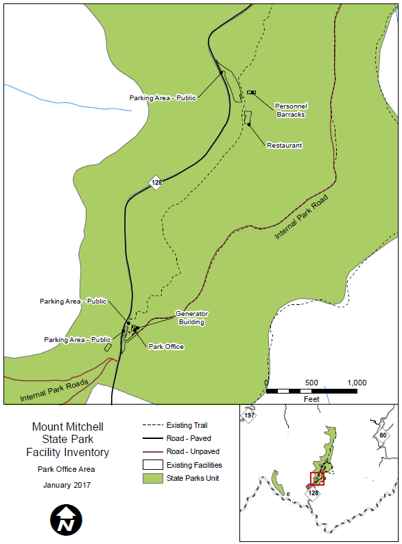 Map of Park Office and Restaurant Area facilities at Mount Mitchell State Park indicating internal park roads, public parking, personnel barracks, and generator building