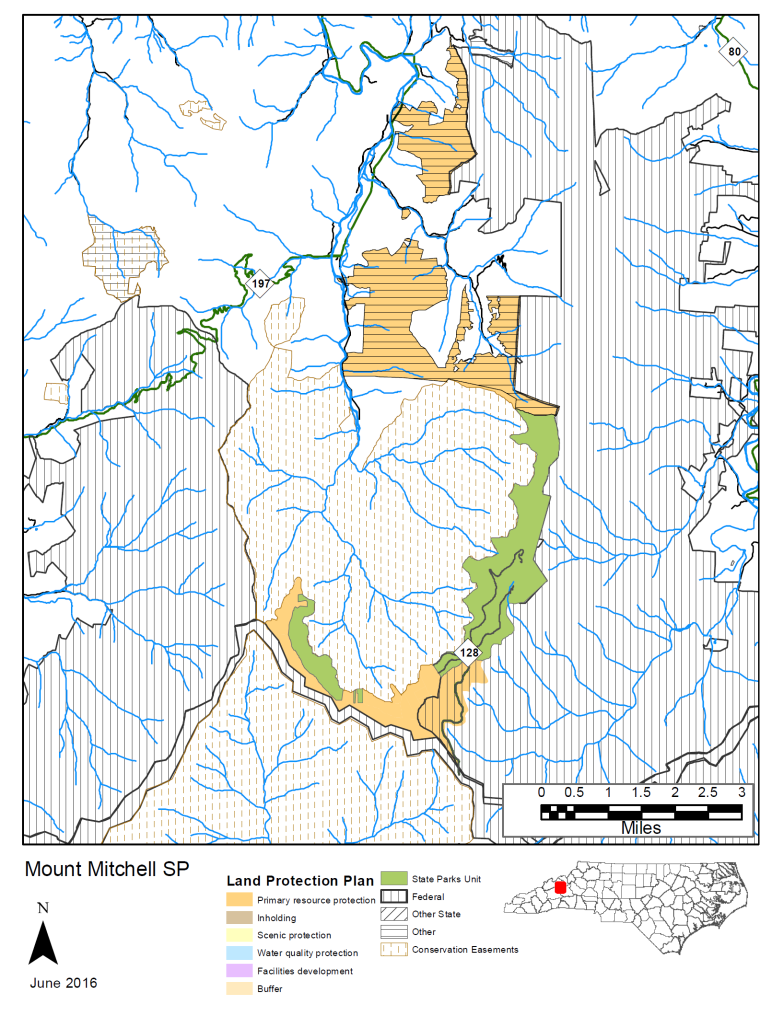 Land Protection Plan Map for Mount Mitchell State Park indicating primary resource protection areas, inholdings, and surrounding Pisgah National Forest lands