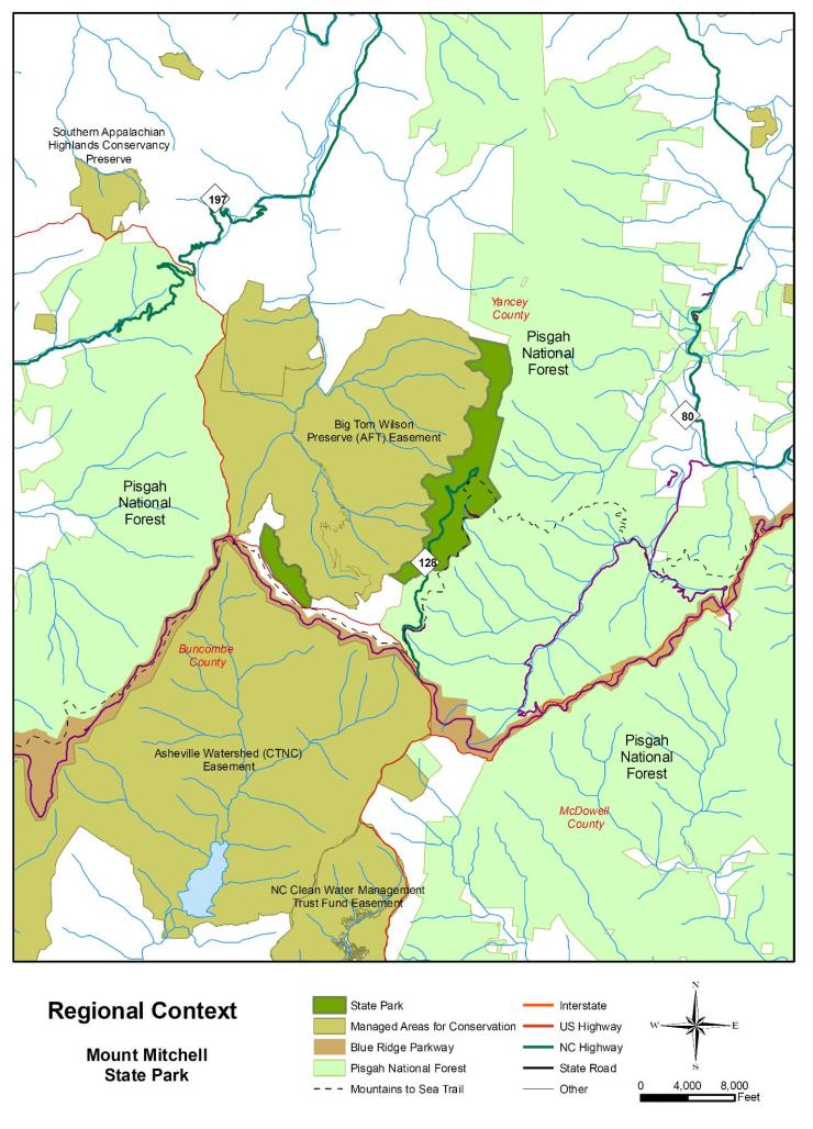 Regional Map of Mount Mitchell State Park and surrounding Pisgah National Forest, including context of Blue Ridge Parkway, Mountains to Sea Trail, and Asheville Watershed easement