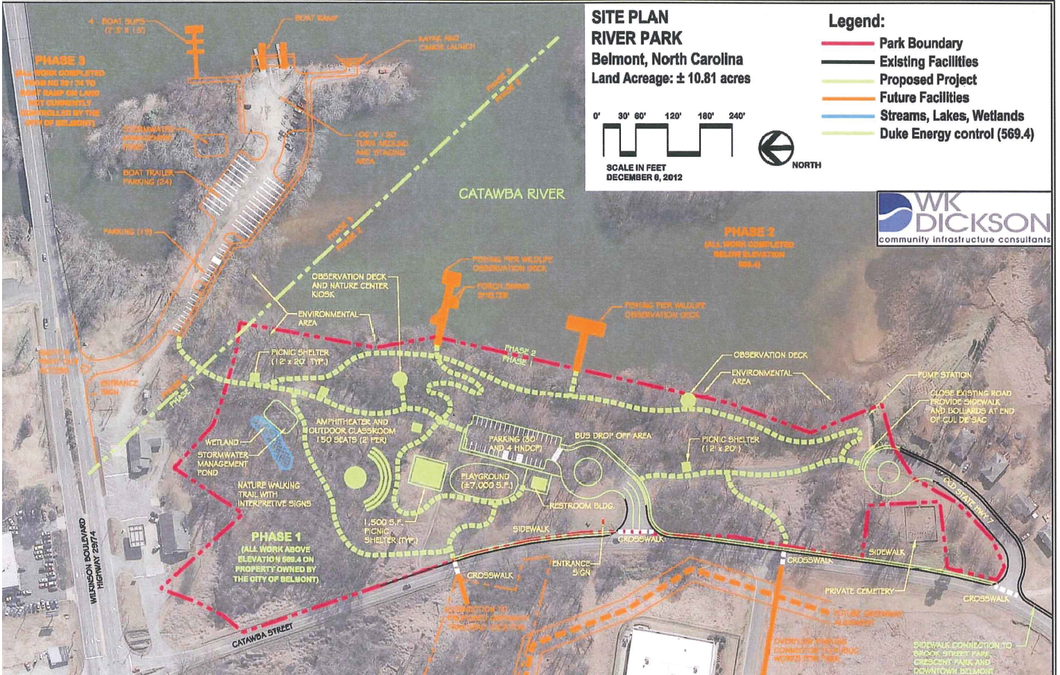 Site Plan for Belmont River Park showing trails, playground, and Catawba River access