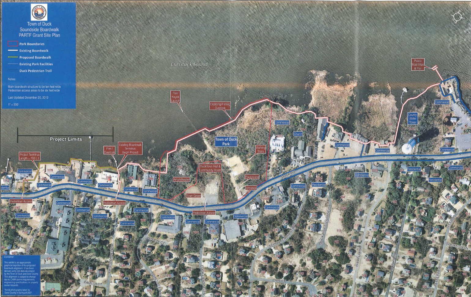 Aerial map plan showing the route of the Soundside Boardwalk along the coast of Duck