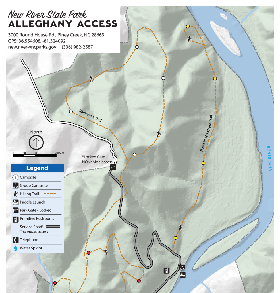 Map of New River State Park Alleghany Access showing the New River, trails, campsites, and amenities