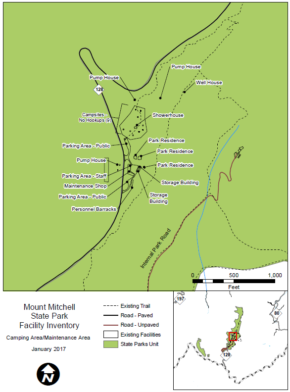 Map of Camping Area and Maintenance Area facilities at Mount Mitchell State Park detailing campsites with no hookups, showerhouse, park residences, storage buildings, and pump/well houses