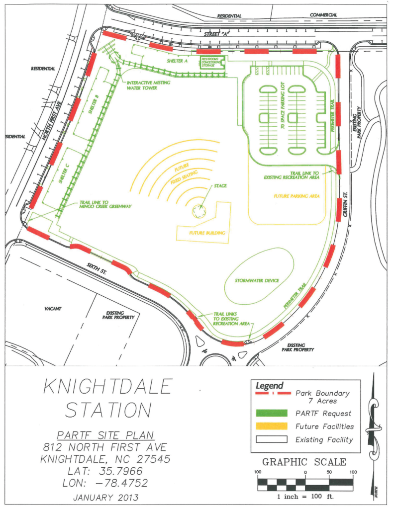 Site Plan for Knightdale Station showing athletic fields, walking trails, and park boundaries