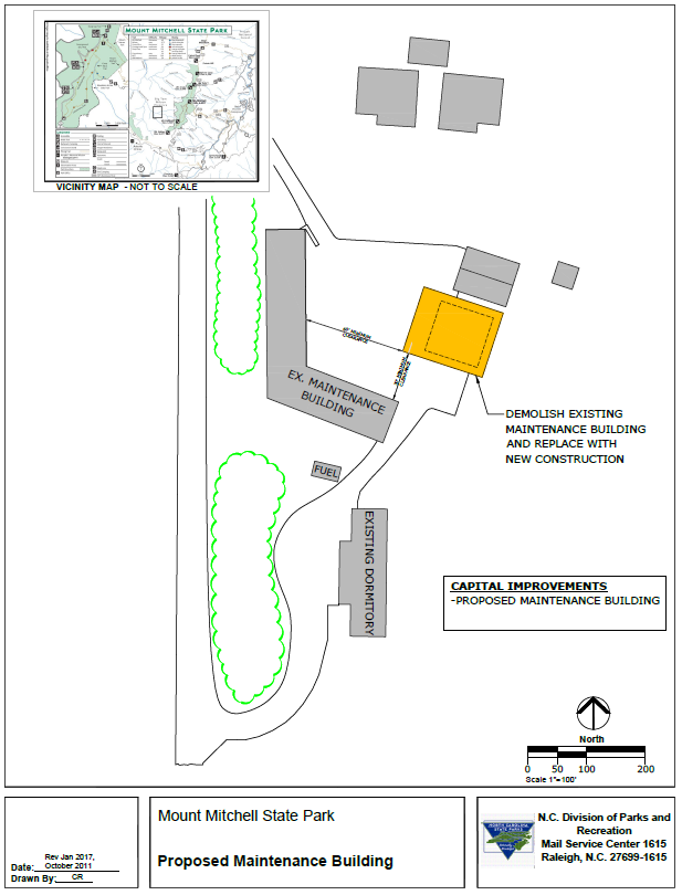 Proposed Maintenance Building schematic map for Mount Mitchell State Park indicating plans to demolish an existing building and construct a new facility, including layout of the existing dormitory and fuel areas
