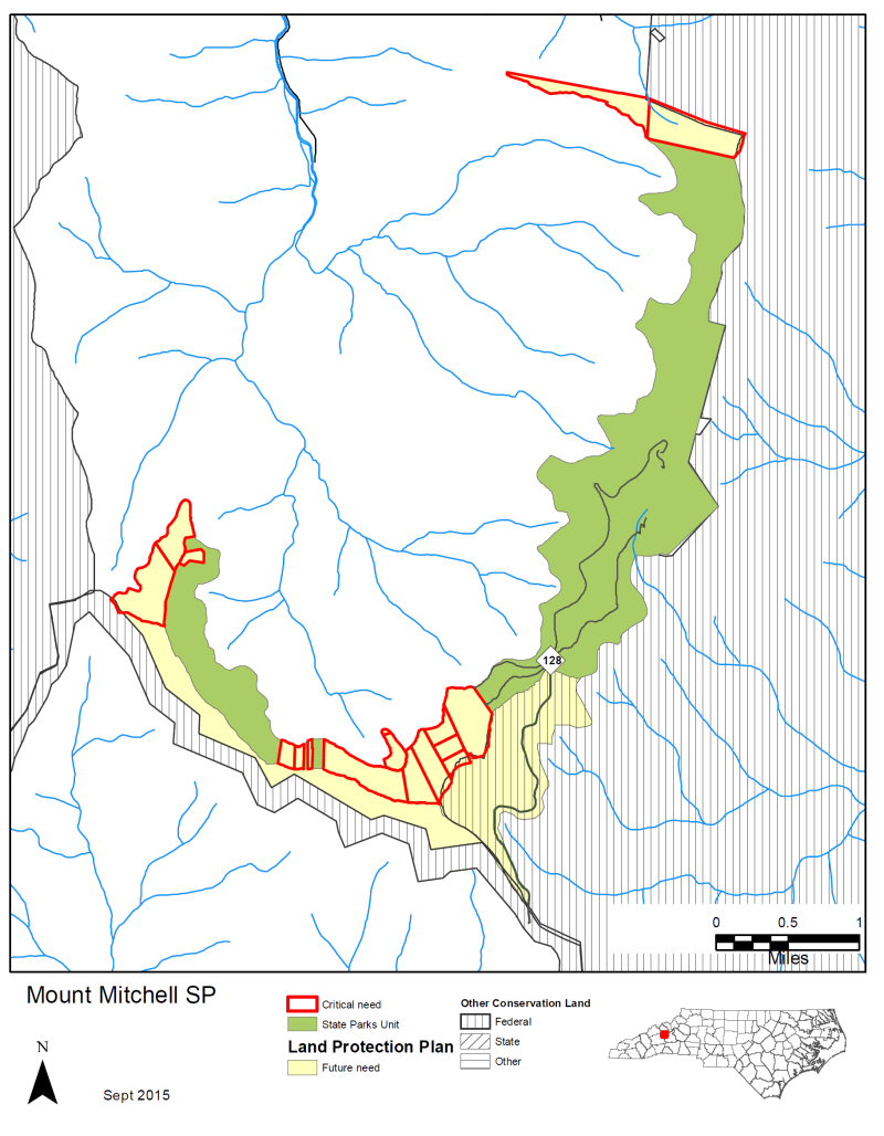 Land Protection Plan - Critical Acres map showing highlighted connectivity areas adjacent to Mount Mitchell State Park boundaries within Pisgah National Forest