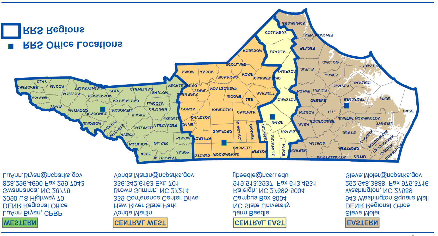 Map of North Carolina showing RRS office locations and regions (Western, Central West, Central East, Eastern)