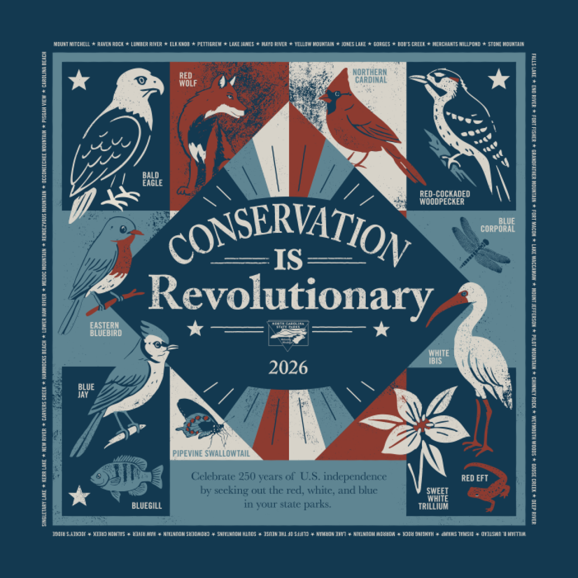 the 2026 annual theme bandana that says conservation is revolutionary, with illustrations of various species that we have worked on conserving
