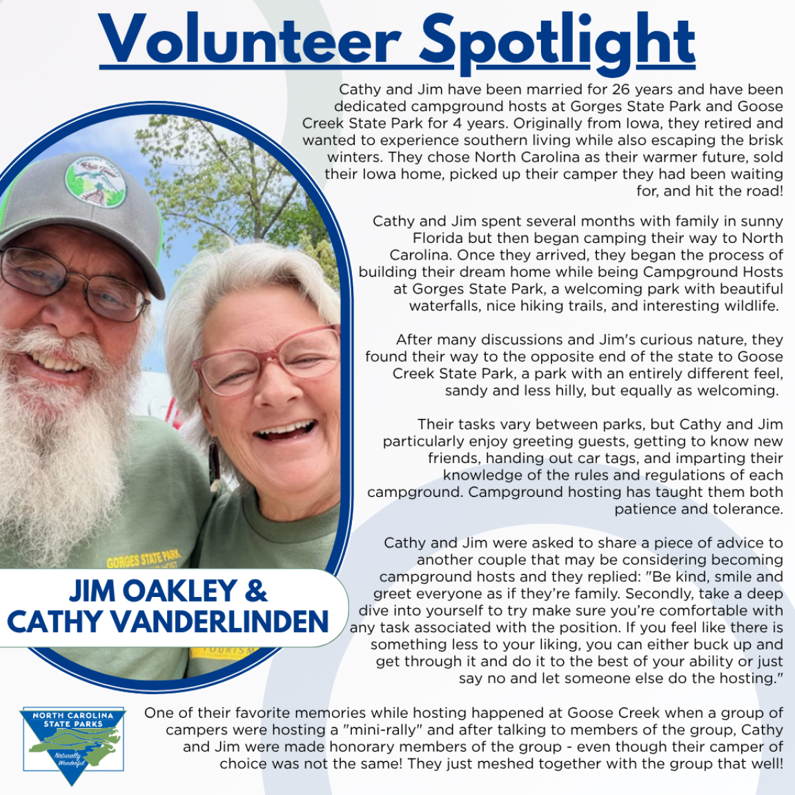 A volunteer spotlight for Jim Oakley and Cathy Vanderlinden, two campground hosts.