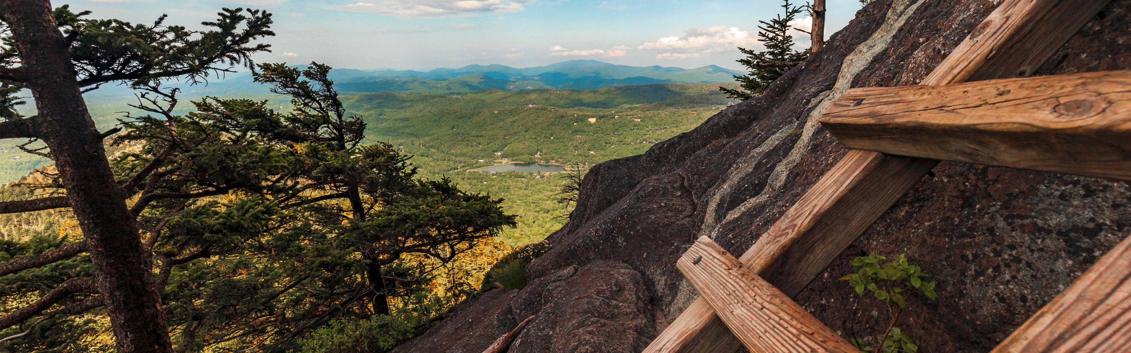 A view from the side of a cliff overlooking green and blue mountains with a ladder in the foreground