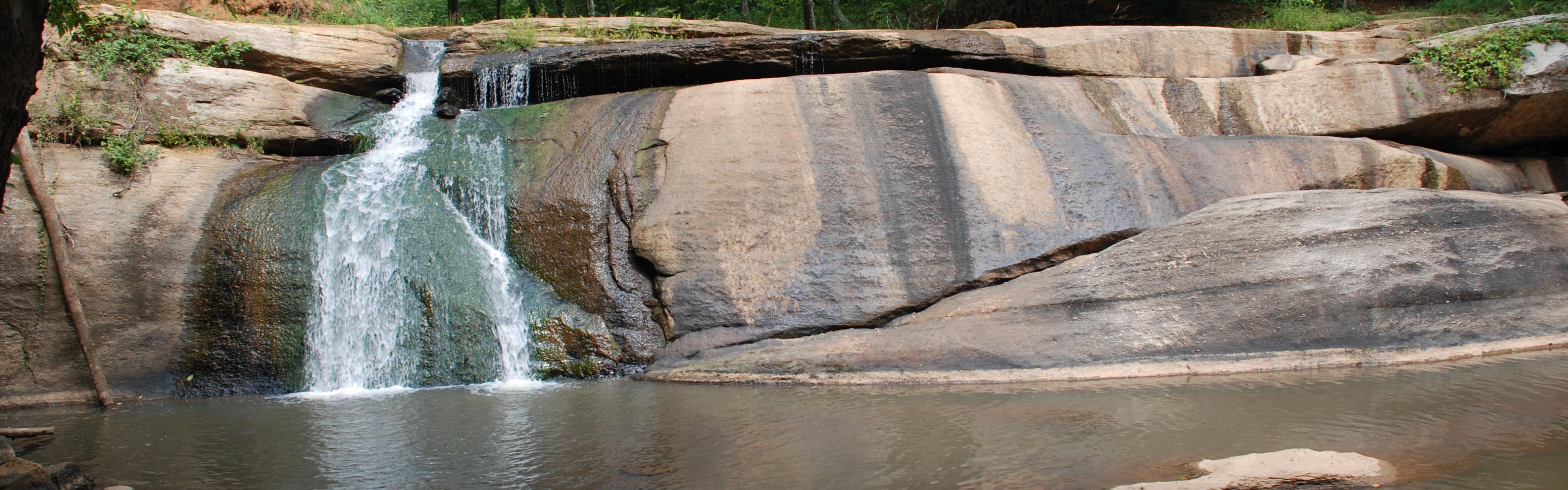 a small waterfall coming over a rock face into a calm pool with deep green foliage in the background