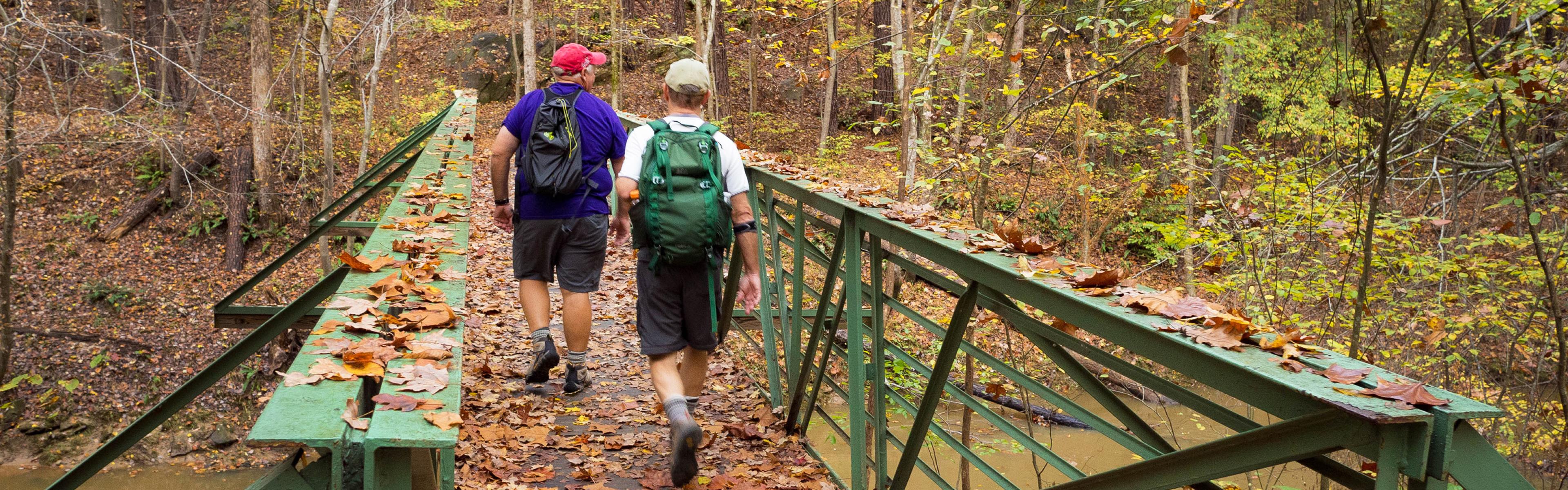 Hikers cross a green bridge with fall leaves covering the pathway