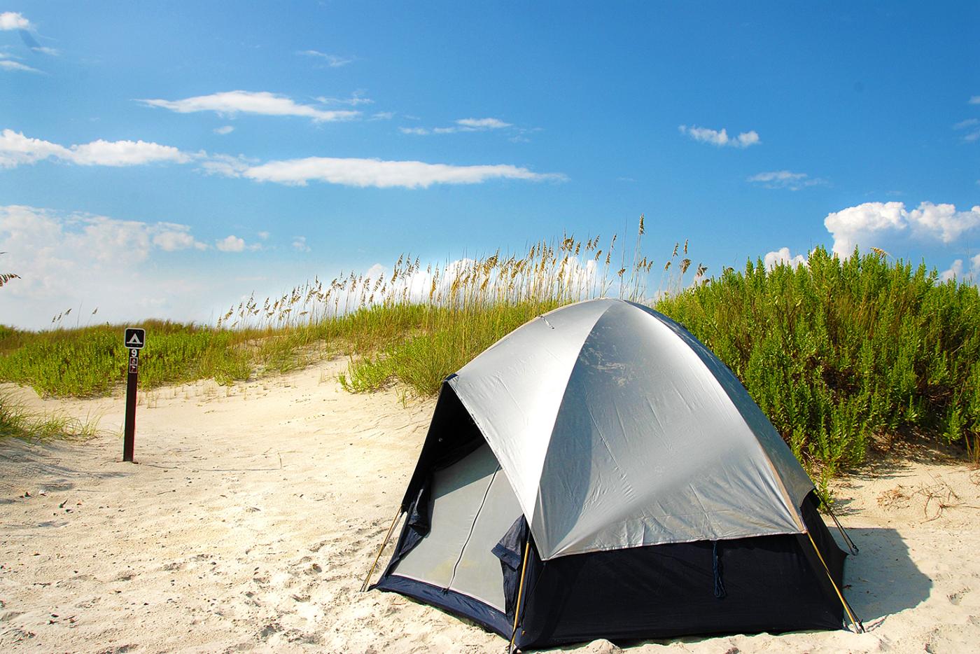 Tent set up at a campsite on Bear Island at Hammocks Beach State Park