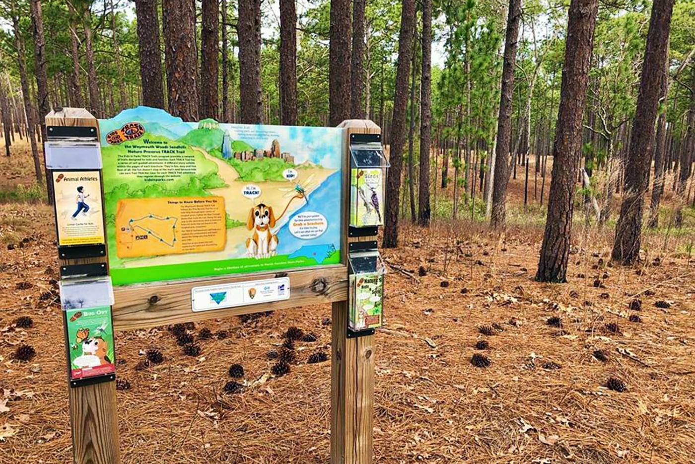 Kids in Parks TRACK Trail brochure stand at Weymouth Woods Sandhills Nature Preserve