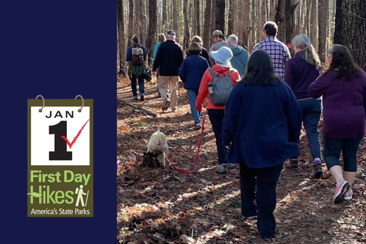 Graphic with photo from Merchants Millpond State Park First Day Hike 2023 and the America's State Parks First Day Hikes logo