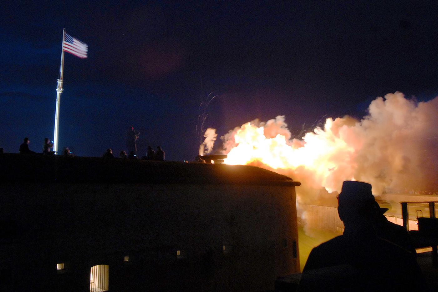 Cannon blast at night at Fort Macon State Park