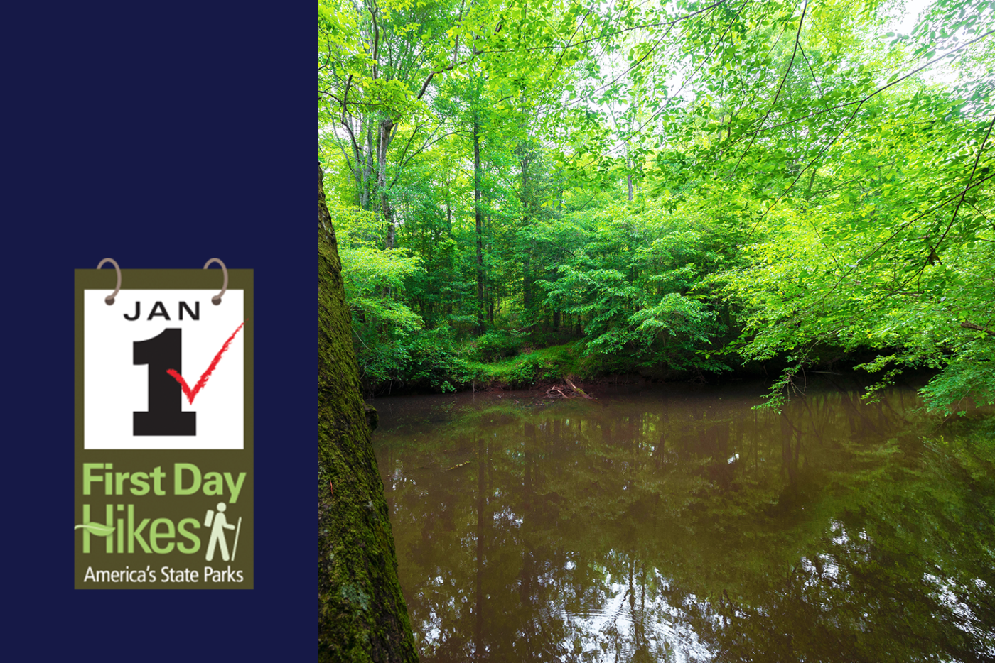 Graphic with scenic photo from Medoc Mountain State Park and the America's State Parks First Day Hikes logo
