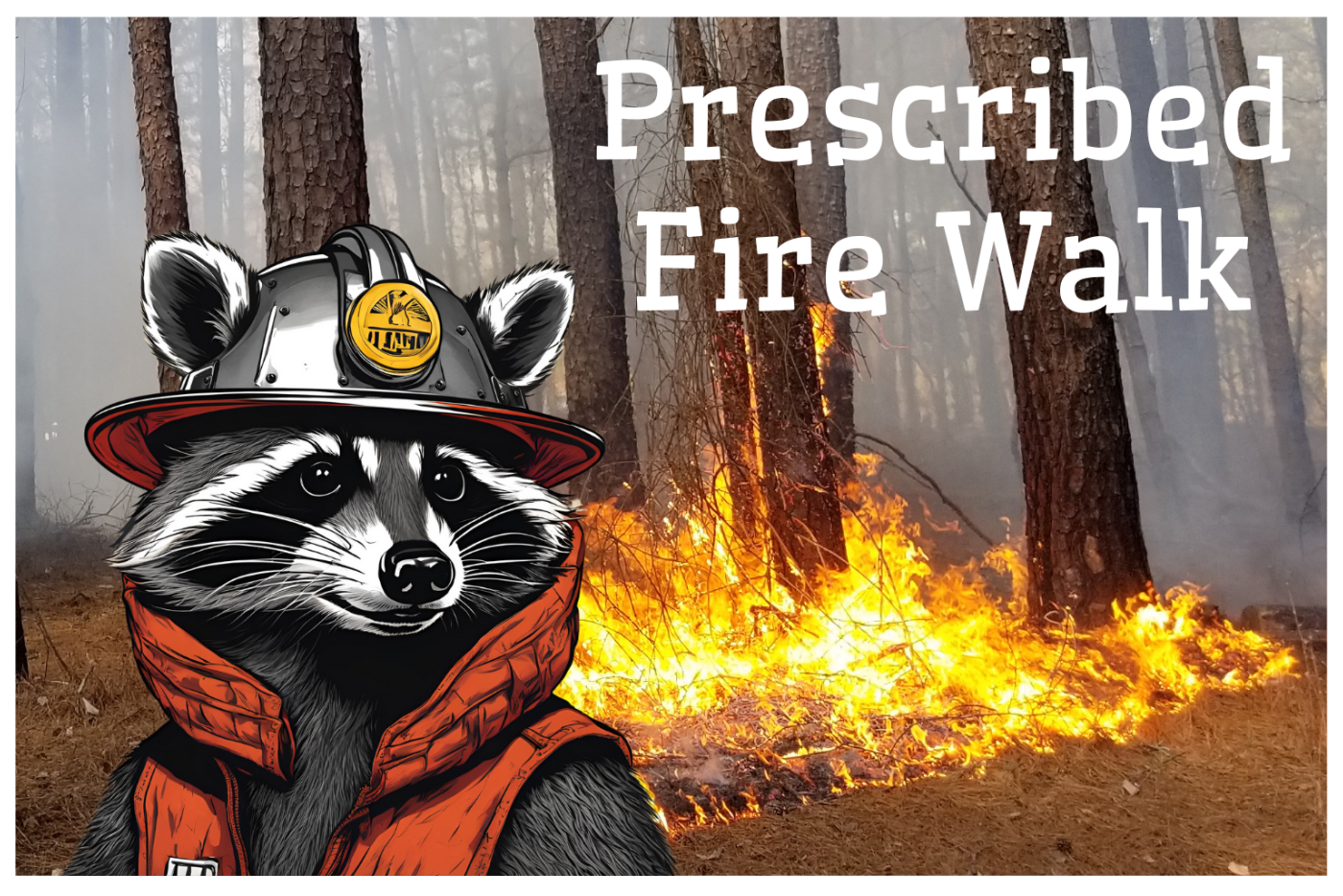 Cartoon image of raccoon dressed as Smokey the Bear in front of a photograph of fire in the forest.