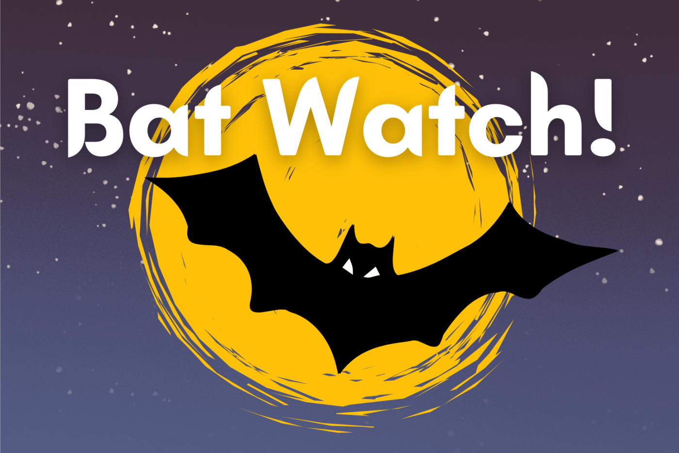 Graphic of bat silhouetted against the moon in a dark sky.