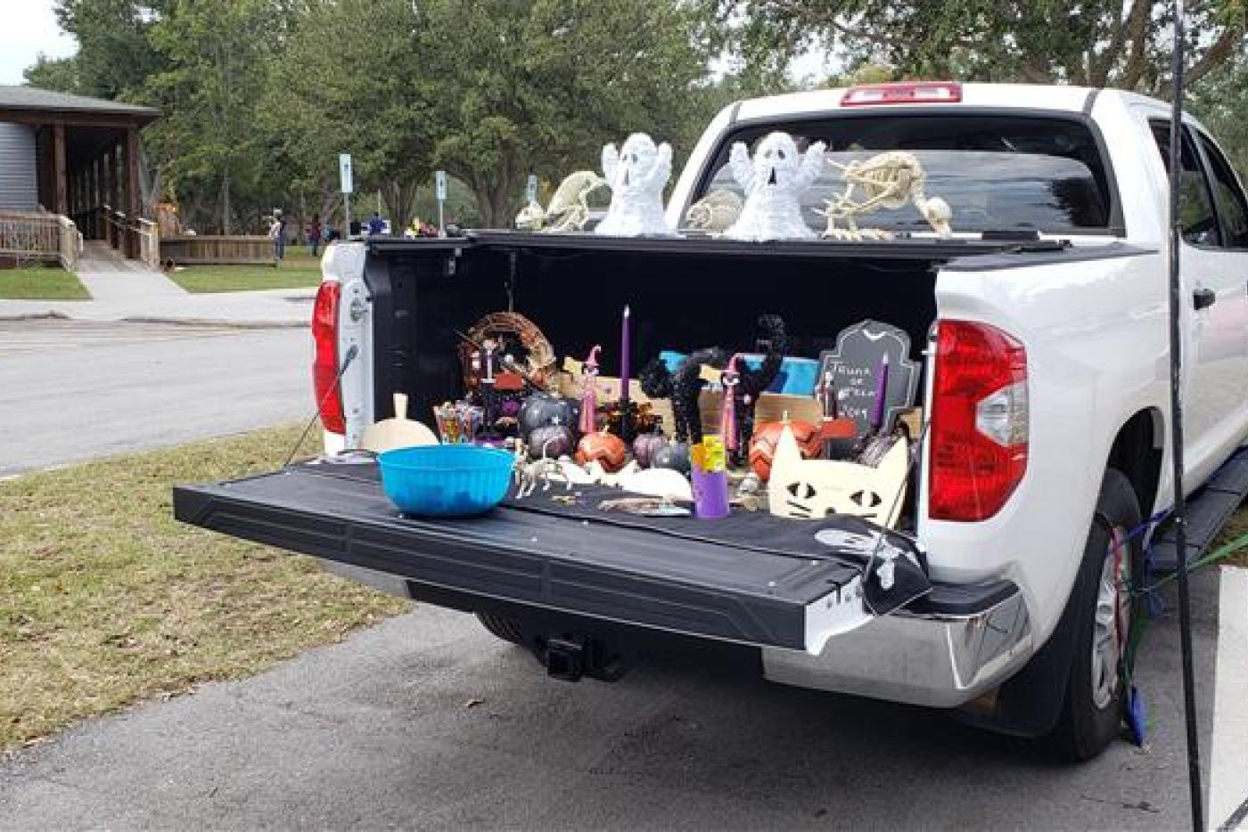 Candy treats loaded in the back of a truckbed.