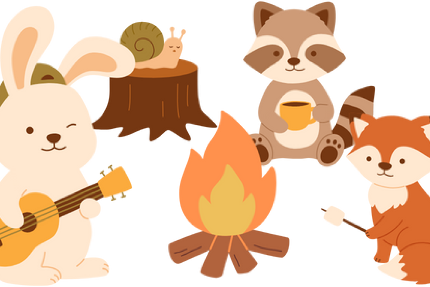 A guitar-strumming rabbit, a snail, a coffee-drinking raccoon, and a marshmallow-roasting fox sit around a campfire. 