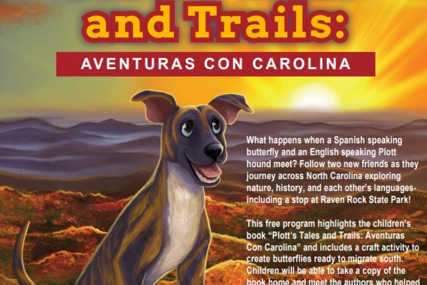 flyer with text showing dog and butterfly at sunset over the mountains