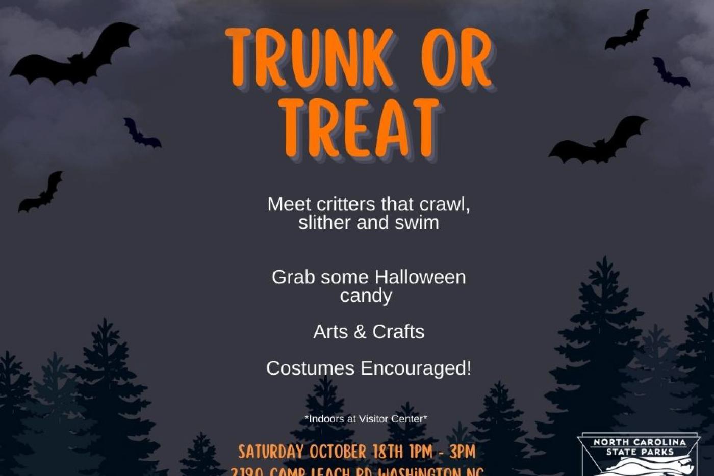 bats flying around trunk or treat text