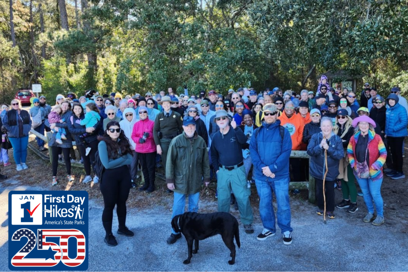 Group of hikers gathered at Sugarloaf Trailhead at start of past year's First Day Hike.