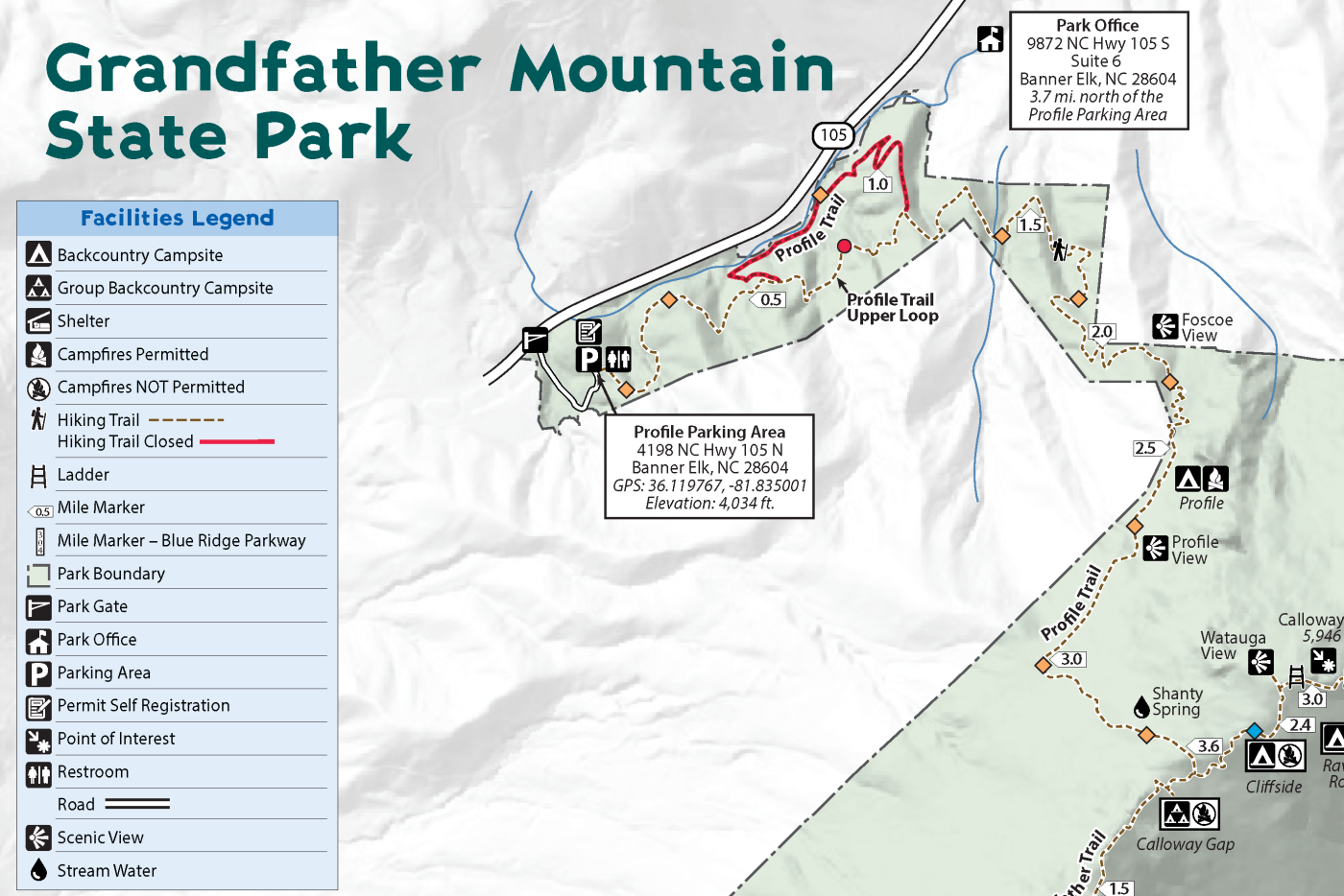 Map of Grandfather Mountain State Park as of June 5, 2026, focused on showing the section of Profile Trail that remains closed.