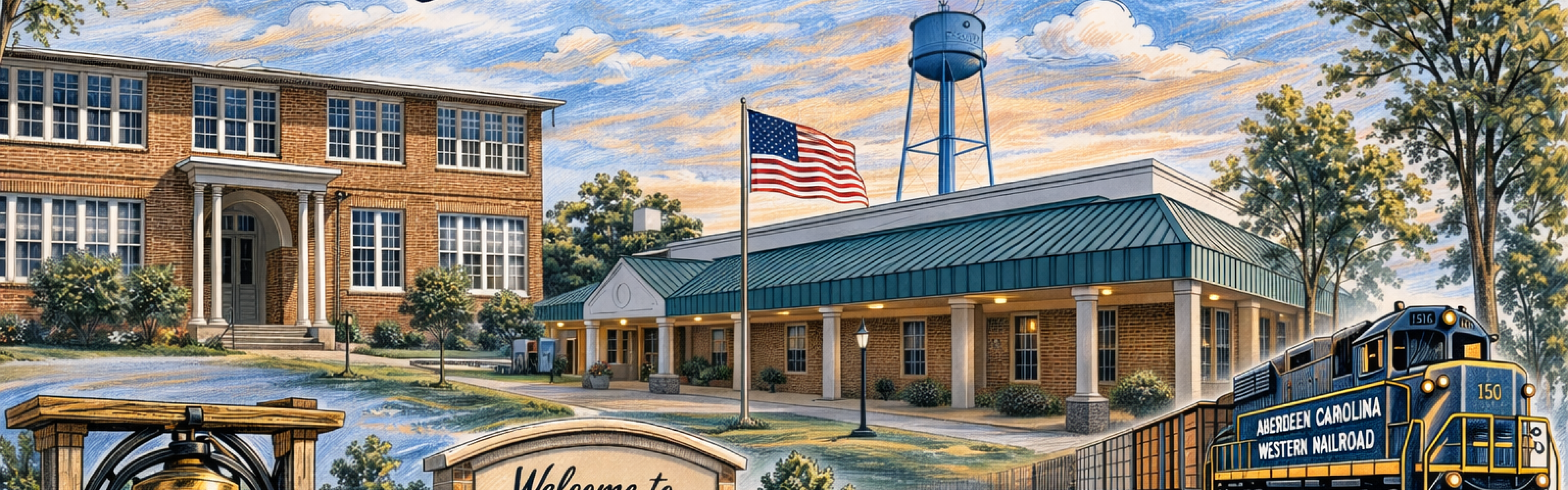 Illustration of Biscoe, NC with Town Hall, Old Biscoe School, welcome sign, bell monument, water tower, American flag, and freight train on curved tracks.