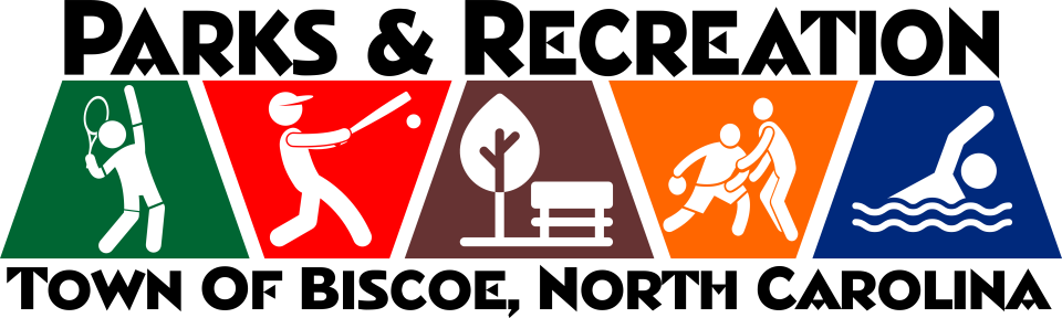 Five colored icons showing tennis, baseball, park bench with tree, basketball, and swimming, labeled Parks & Recreation, Town of Biscoe NC