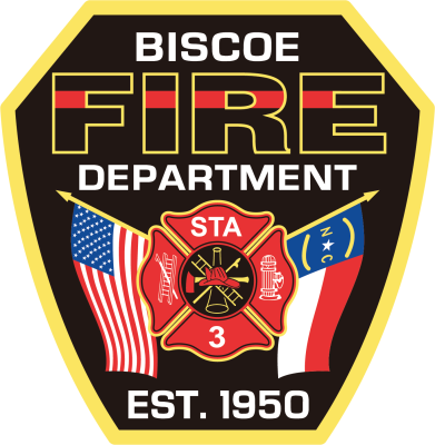 Patch reading “Biscoe Fire Department,” with crossed tools, helmet, “STA 3,” U.S. and North Carolina flags, and “Est. 1950” on a black background.