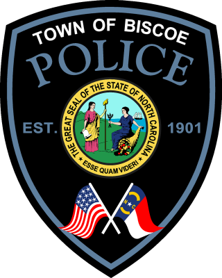 Town of Biscoe Police patch with North Carolina state seal, “EST. 1901,” and crossed U.S. and NC flags on a black background.