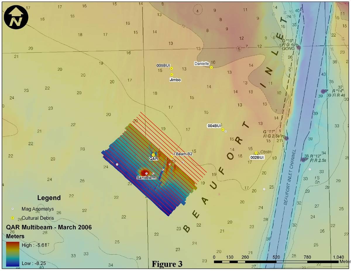 Multi-beam bathymetry survey of the QAR site area showing depth and targets