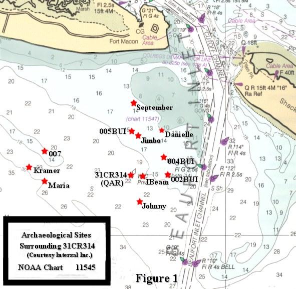 Map with locations of anomaly targets around Beaufort Inlet